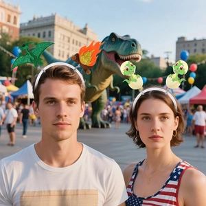 Kids wearing cartoon dinosaur headbands with glitter dinosaur egg and campfire designs