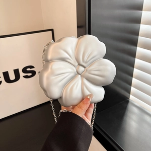 Elegant silver 3D flower evening clutch bag with delicate metallic chain strap