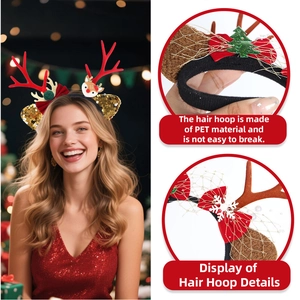 Close-up of festive Christmas headband with red antlers, gold sequins and PET material details