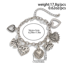 Retro silver charm bracelet with heart, bow, and cross pendants, 16cm plus 5cm extender