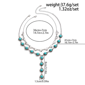 Detailed size chart of double-layer punk necklace with turquoise beads and heart pendant