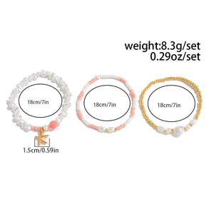 Detailed set of bohemian starfish and pearl beaded bracelets with size and weight specs