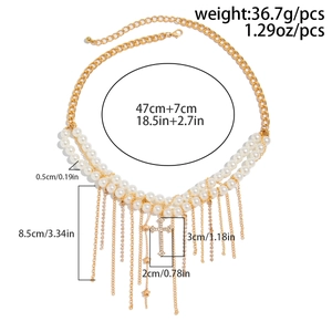 Details der Perlen-Quastenkette mit Diamantkreuz-Anhänger und Größenangaben