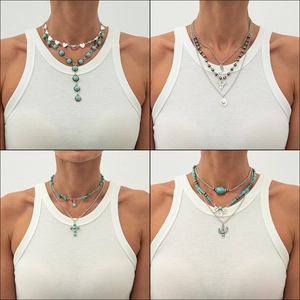 Vintage Western Cowboy Bohemian Layered Necklace Alloy Synthetic Turquoise Heart Ox Skull Cross Cactus Pendant Jewelry