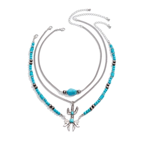 Bohemian multi-layer necklace set with turquoise beads and cactus pendant in retro silver finish