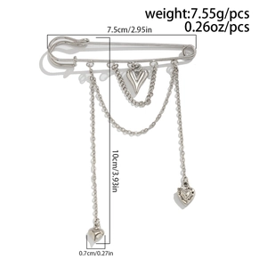 Silver multi-layer heart pendant chain brooch showing weight 7.55g and detailed size specs