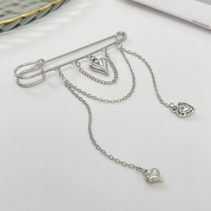 Silver heart chain tassel brooch with safety pin and vintage engraved charms detail