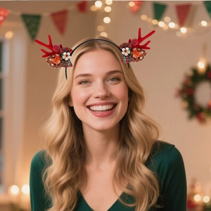 Close-up of reindeer antler headband with plaid bows and floral details on a model