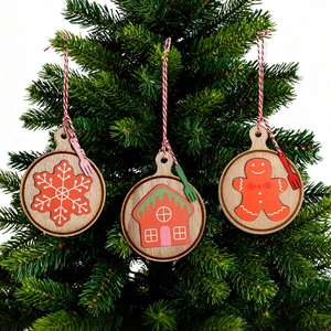 Christmas Wooden Round Ornament Gingerbread Man Snowflake House Hanging Decoration For Christmas Tree Home Party Decor