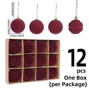 12-piece set of 6cm flocked burgundy Christmas balls with diverse textures in gift box