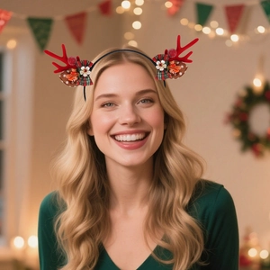 Christmas reindeer antler headband with festive red bow and plaid pattern decorations