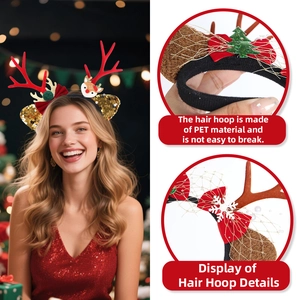 Christmas reindeer antler headband with sequins and plush dolls for festive party decor