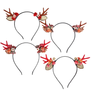 Set of 4 Christmas reindeer antler headbands with plaid bows and festive ornaments