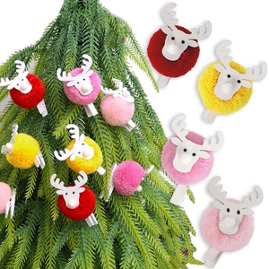 Christmas reindeer wooden clips with colorful plush balls for holiday party photo displays