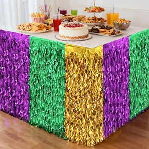 Detail of purple, green, and gold foil fringe table skirt for Mardi Gras party decoration