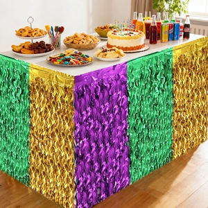 Detail view of purple gold and green metallic foil fringe table skirt for party decor