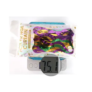 Weight measurement of 75.1g for the purple gold green foil fringe party table skirt