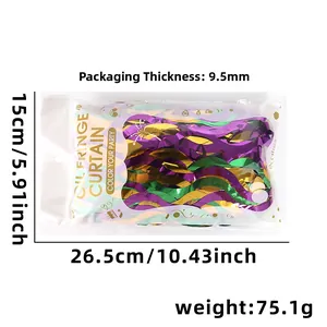 Purple green gold foil fringe table skirt for Mardi Gras party decorations in packaging
