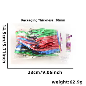Detailed view of colorful metallic tinsel fringe curtains package with size measurements