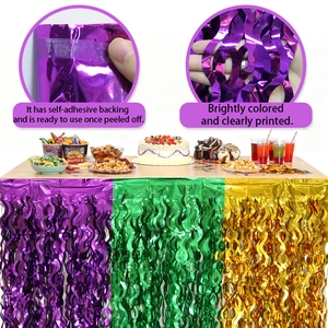 Purple gold and green scalloped metallic foil fringe table skirt for Mardi Gras party decor