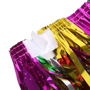 Detail of multi-color metallic foil fringe skirt with white Velcro header for easy setup