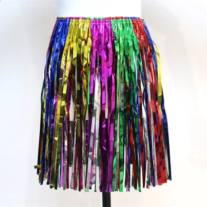 Detailed macro view of vibrant rainbow foil fringe skirt with metallic tinsel texture