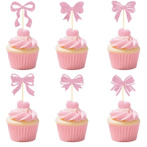 Pink Glitter Bow Cupcake Toppers Bowknot Cake Decorations For Wedding Birthday Valentine's Day Party Shimmer Dessert Picks