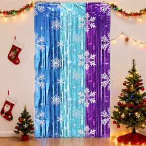 Rideau de franges bleu et violet à motifs flocons pour décoration de fête et fond mural
