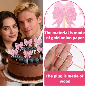 Pink glitter bow cupcake toppers for romantic Valentine party cake decoration
