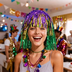 Close-up of colorful fringe party wig with shiny purple gold and green metallic tassels