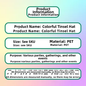 Detailed sizing specifications for colorful PET tinsel party hat decorations