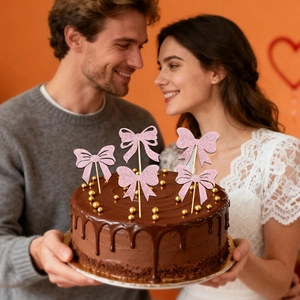Pink glitter bow cake toppers for Valentine's Day party decorations with 5 pieces