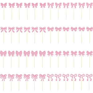 Set of 48 pink glitter bow cupcake toppers for girl birthday party cake decoration