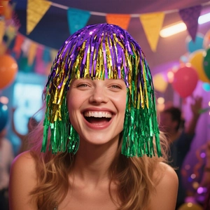 Detailed close-up of a colorful tinsel wig cap in purple, gold, and green for party events