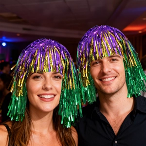 Detail of purple, gold and green tinsel wig for carnival party with metallic fringe
