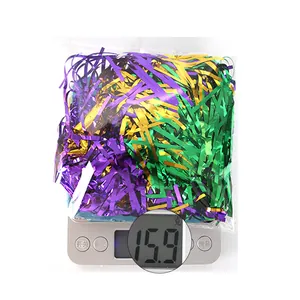 Close-up of 15.9g mixed purple gold green tinsel foil fringe for party hat filling