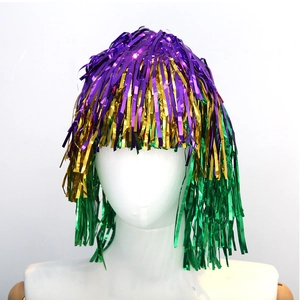 Close-up of Mardi Gras tinsel wig with purple gold and green metallic fringes