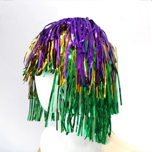 Close-up of purple gold and green tinsel tassel wig with metallic reflective texture
