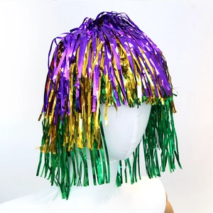 Close-up of Mardi Gras party wig with purple, gold, and green metallic tinsel fringe