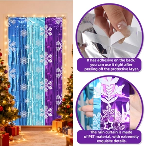 Blue and purple snowflake tinsel curtain with adhesive backing for Christmas party decor
