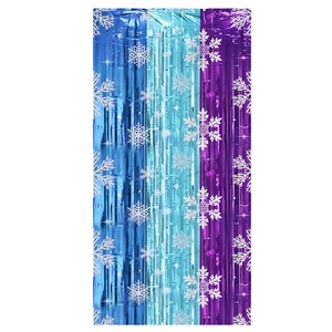 Blue and purple tinsel foil fringe curtain with white snowflake patterns for party decor