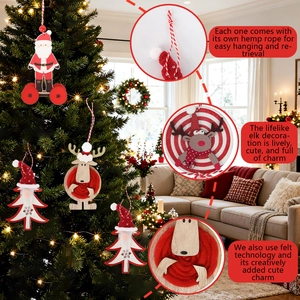 Christmas wooden felt ornaments set featuring Santa and reindeer on a tree