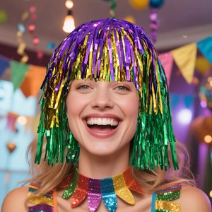 Colorful carnival tinsel wig and sequin collar set for festive party dress-up props