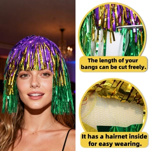 Three-color metallic tinsel wig in purple gold and green for carnival party decor