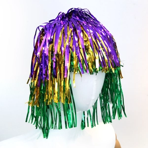 Three-color Mardi Gras tinsel wig in purple, gold, and green sequins for party decor