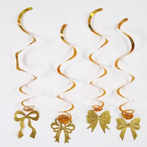 Close-up of four golden spiral ceiling pendants with glittery bow accents for festive decor