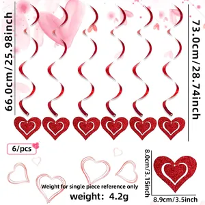 Detail view of 6-piece red heart swirl decorations showing size dimensions and 4.2g weight