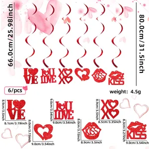 Detailed size chart of Valentine PVC spiral swirls with red heart and love letter pendants