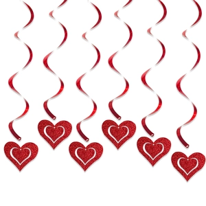 6pcs red glitter heart spiral decorations for Valentine's Day party and wedding backdrop