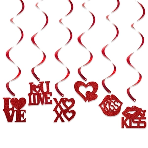 Glittering red PVC spiral swirls with Love and Kiss pendants for Valentine decoration